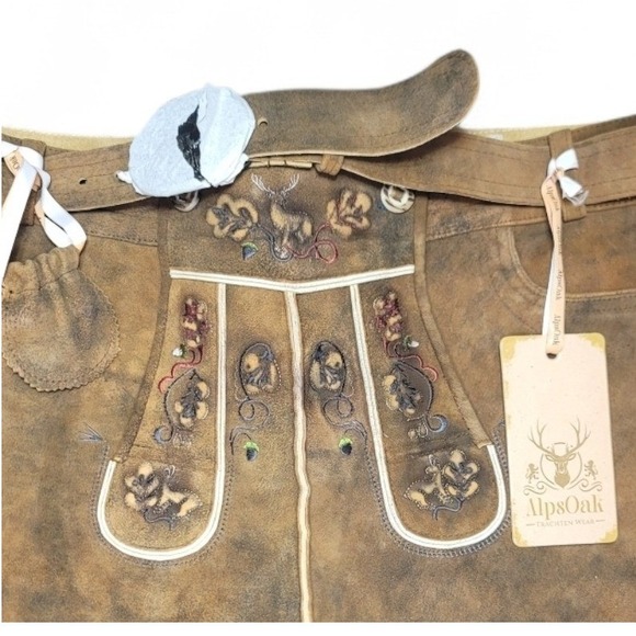 AlpsOak Mens Leather Lederhosen Oktoberfest Trachten Wear Brown Embroidered - Picture 4 of 8